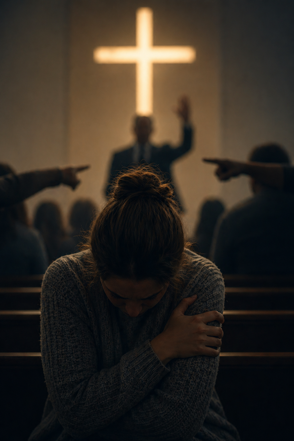 Person alone in church pew being shamed and blamed